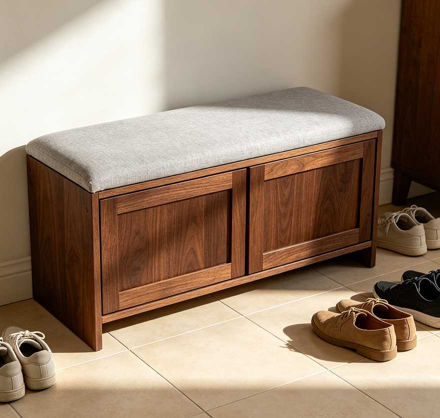 Two‑Door Wooden Shoe Bench with Cushioned Top